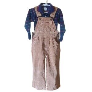 70s Popsicle WW Cord Bib Kid Overalls Boys 4 Tan/Red Piping Vtg Coveralls/ Shirt